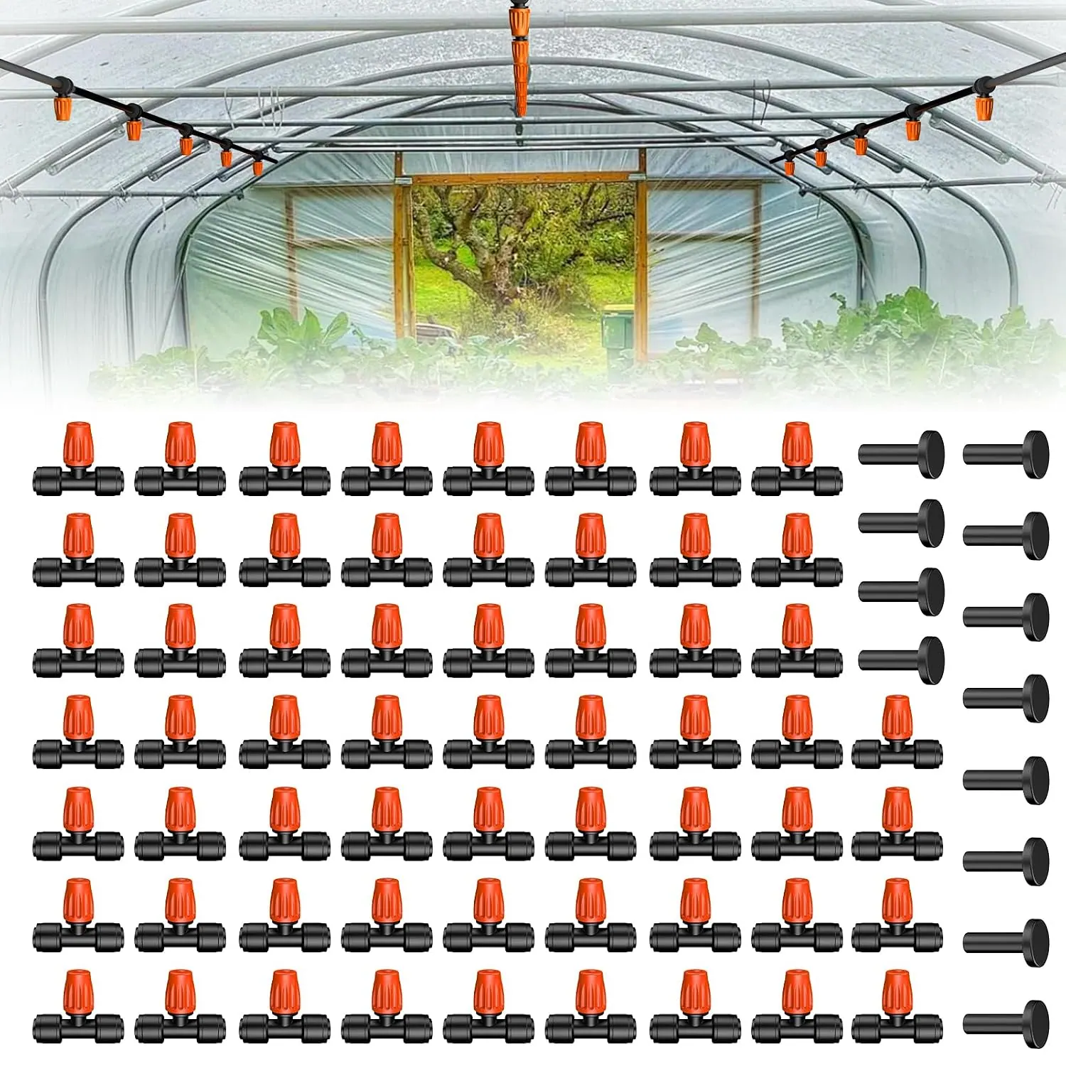 Pawfly 30 Pcs Push-to-Fit Drip Irrigation Spray Emitters for 1/4 Inch Tubing, Tee Misting Atomizing Nozzles Micro Sprayers with Adjustable 360 Degree Water Flow, Irrigation Drippers with End Plugs view 8