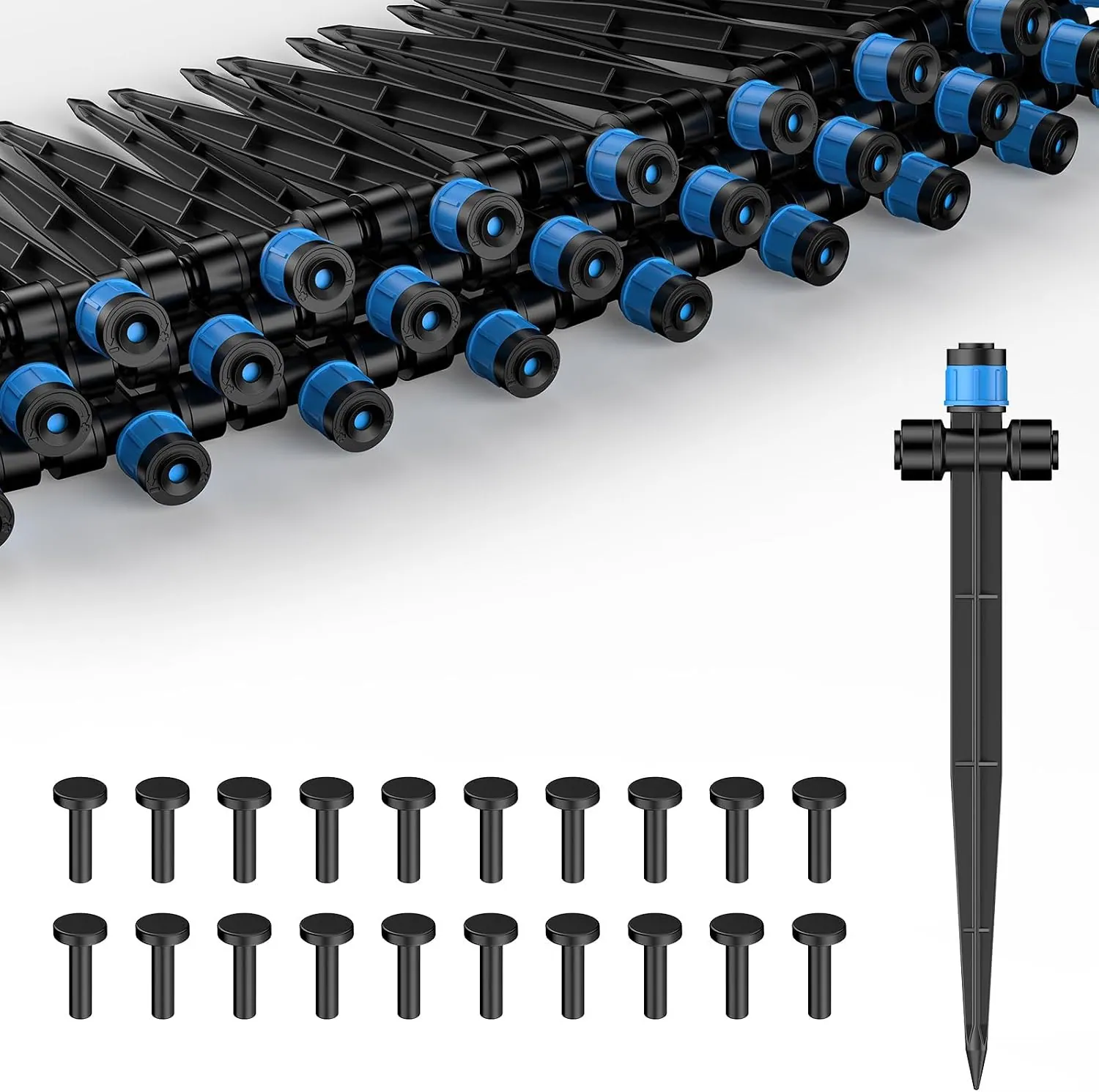 Pawfly 30 Pcs Push-to-Fit Drip Irrigation Emitters for 1/4 Inch Tubing, Two-Way Connection Irrigation Drippers with Adjustable 360 Degree Water Flow, Drip Emitters Sprayers with Stake & End Plugs view 10