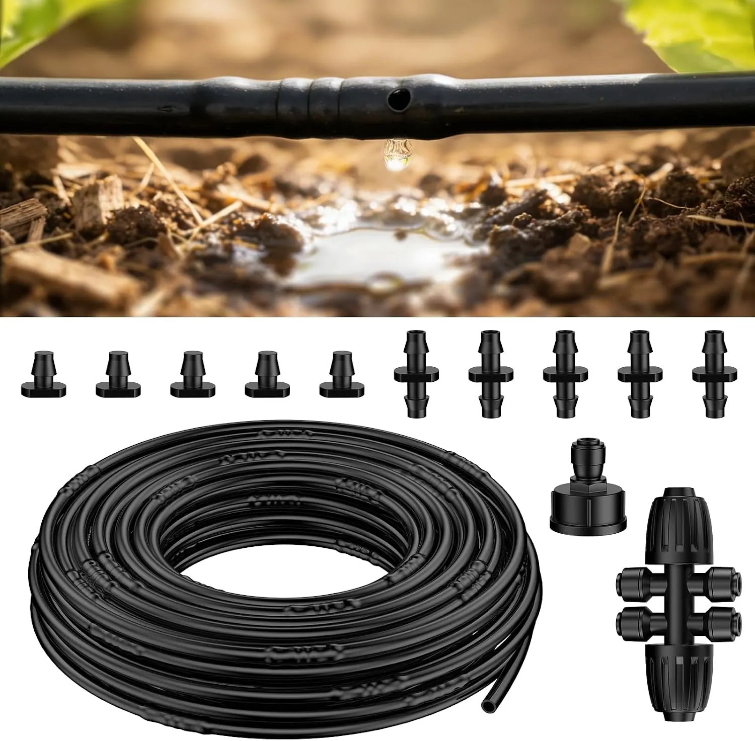 Pawfly 100 ft 1/4 Drip Irrigation Tubing, 1/4" Emitter Tubing with 6" Spacing, Polyethylene Drip Line with 12 Parts, Black Distribution Tubing for Drip Irrigation System, Drip Irrigation Hose Roll view 10