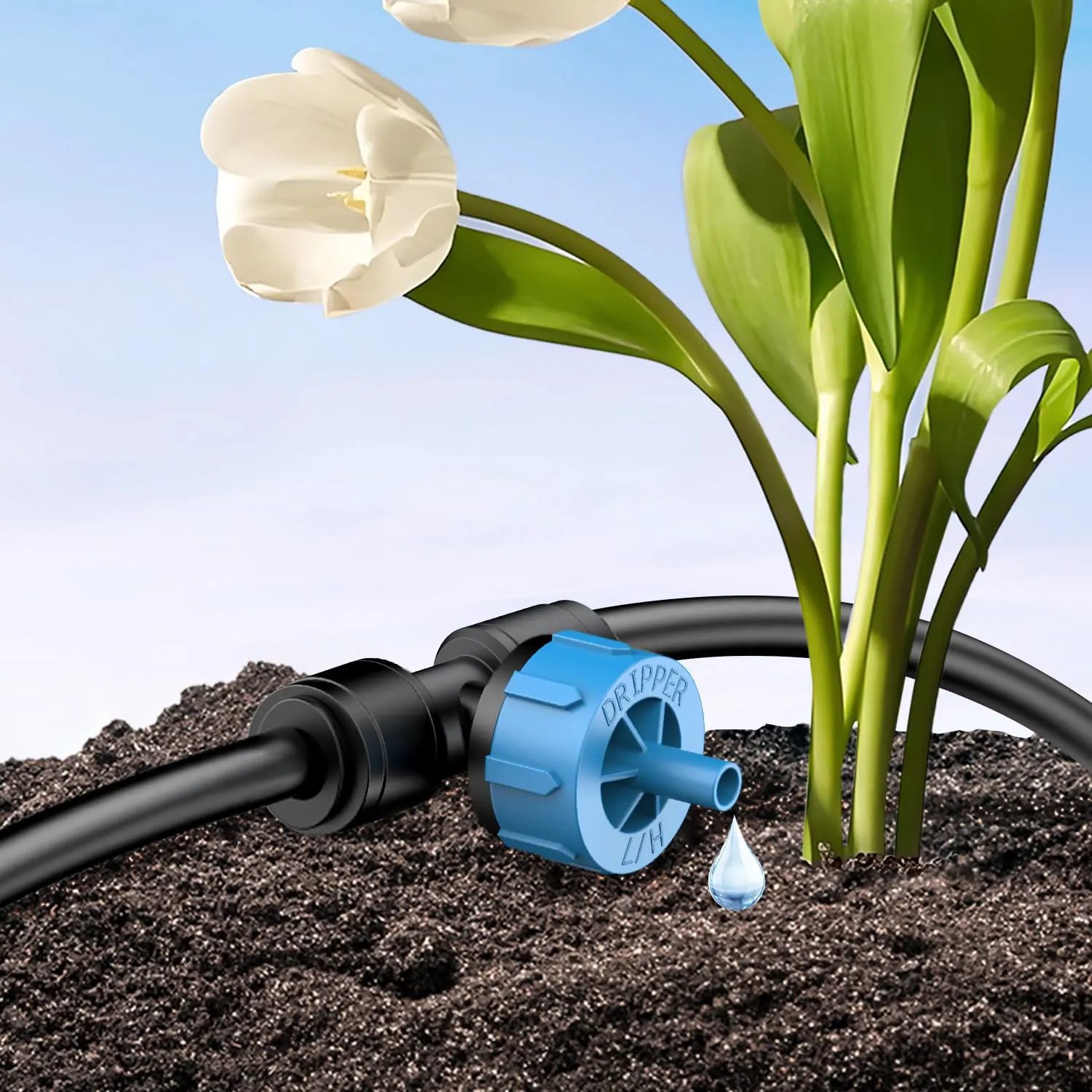 Pawfly 30 Pcs Push-to-Fit Drip Irrigation Emitters with Adjustable 360 Degree Water Flow Irrigation Drippers Drip Emitters Sprinklers with Stake Drip Irrigation System Parts for 1/4 Inch Tubing view 8