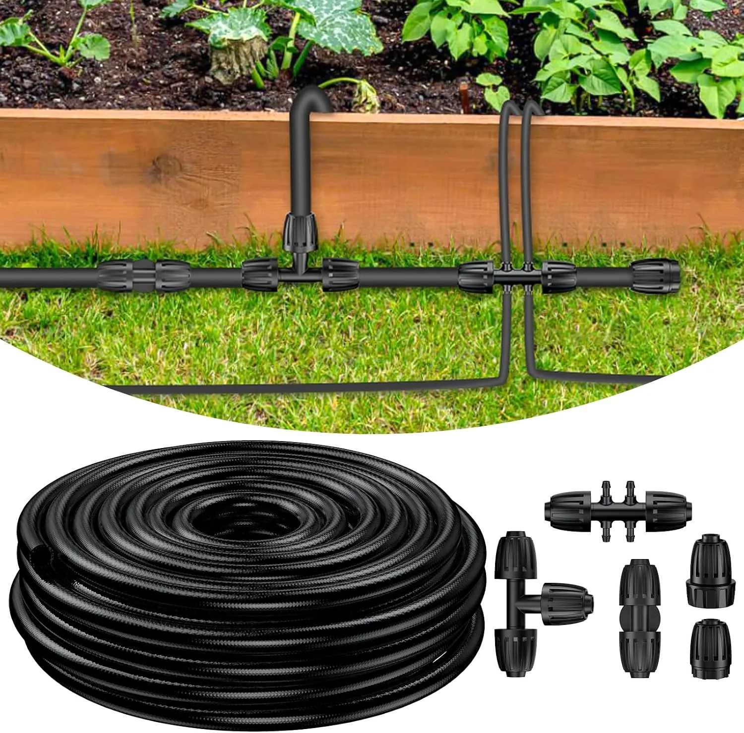 Pawfly 50 ft 1/2 Inch Drip Irrigation Tubing, 1/2 Irrigation Tubing for Garden Irrigation System, Flexible PVC Main Line with 5 Barbed Locked Drip Irrigation Parts, 1/2" Drip Irrigation Hose