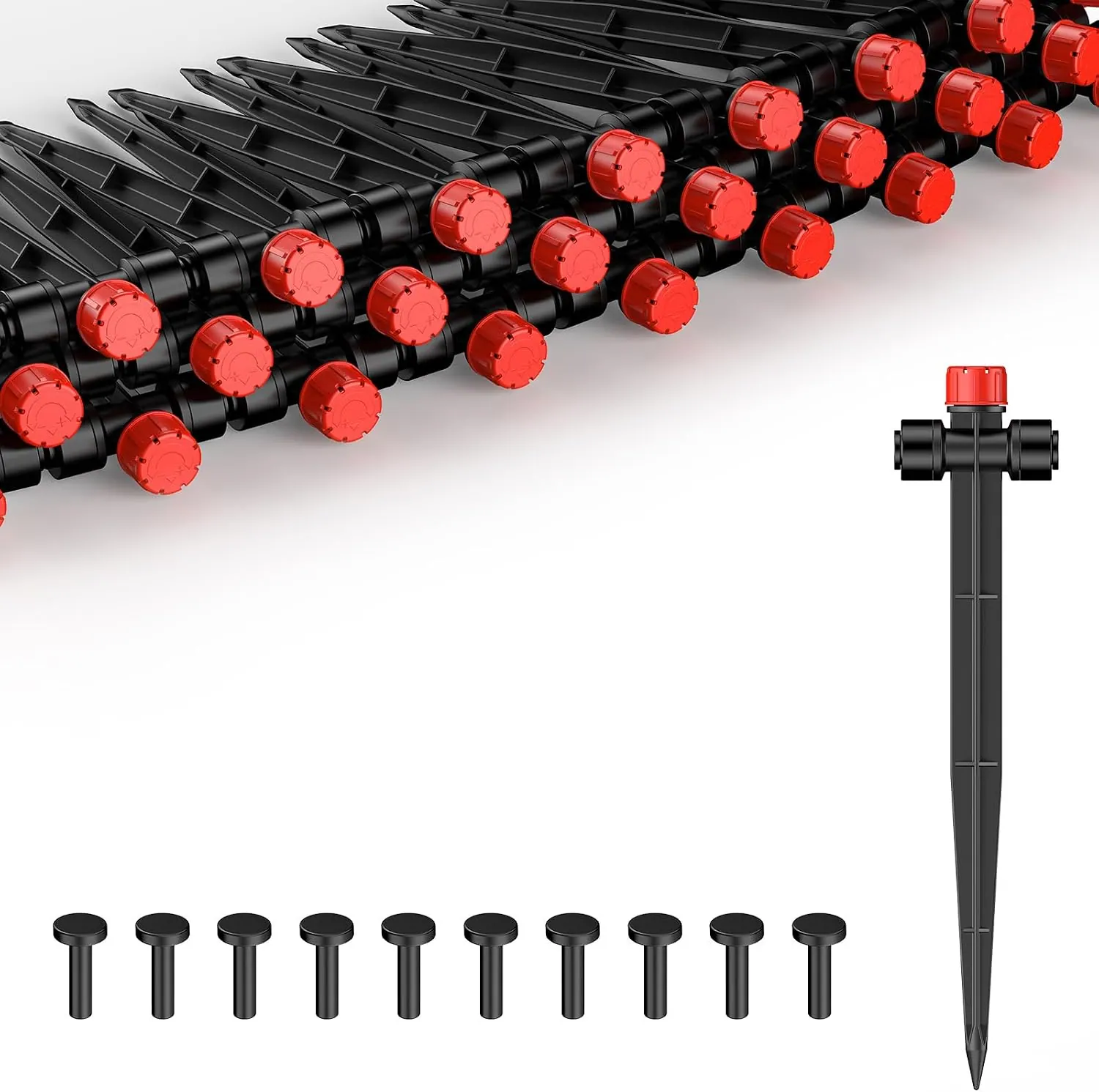 Pawfly 30 Pcs Push-to-Fit Drip Irrigation Emitters for 1/4 Inch Tubing, Two-Way Connection Irrigation Drippers with Adjustable 360 Degree Water Flow, Drip Emitters Sprayers with Stake & End Plugs view 8